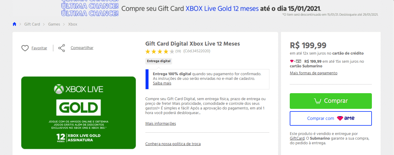 Cartão Xbox Live Gold - Assinatura 12 Meses Xbox Brasil - R$199,99