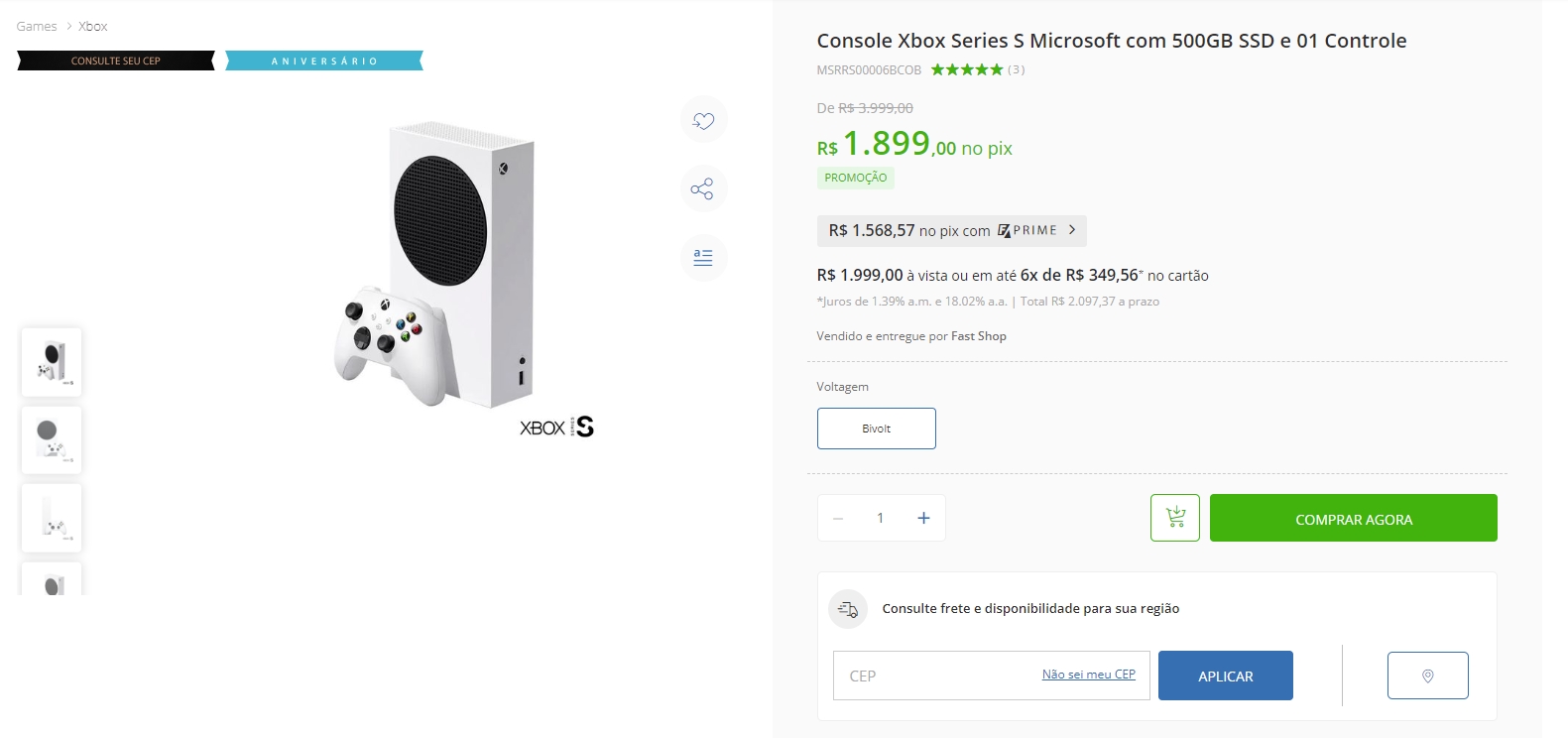 Xbox Series S aparece a R$1.568,00 na Fast Shop