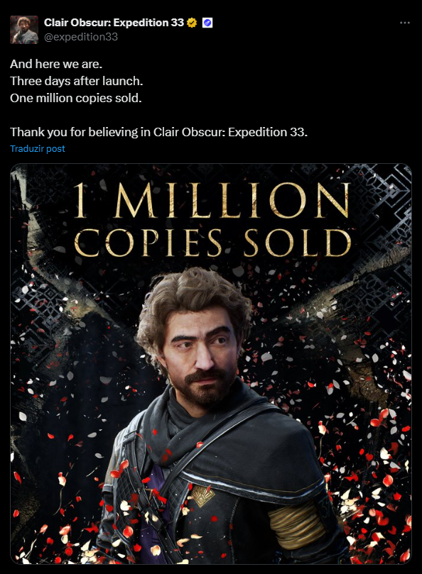 Através do seu perfil oficial no X, a Sandfall Interactive revelou o número atualizado de vendas do seu primeiro lançamento no mundo dos jogos, o Clair Obscur: Expedition 33.