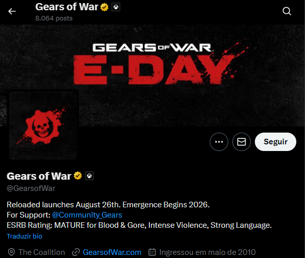 Os rumores que apontam para um lançamento do Gears of War E-Day para 2026 ganhou mais forças com um detalhe no perfil do game no X.