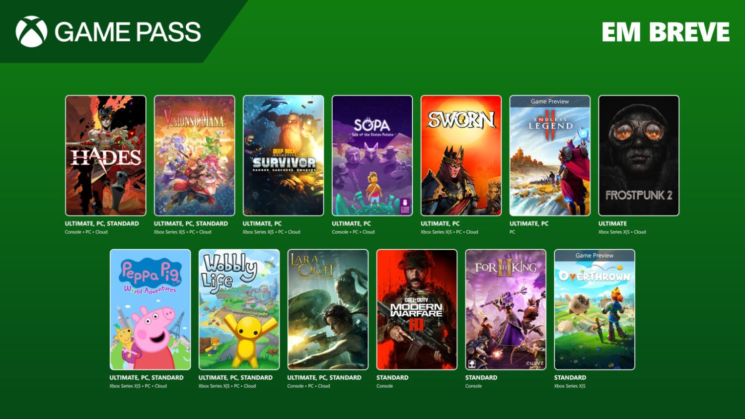 Através do Xbox Wire, a Microsoft divulgou os novos jogos que chegarão no catálogo do Xbox Game Pass para Console, xCloud e PC em setembro.